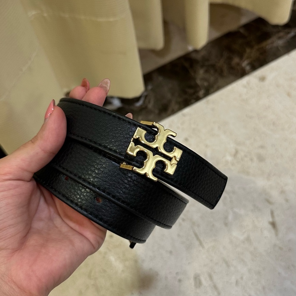 Black Tory Burch Leather Belt with Gold Logo Buckle